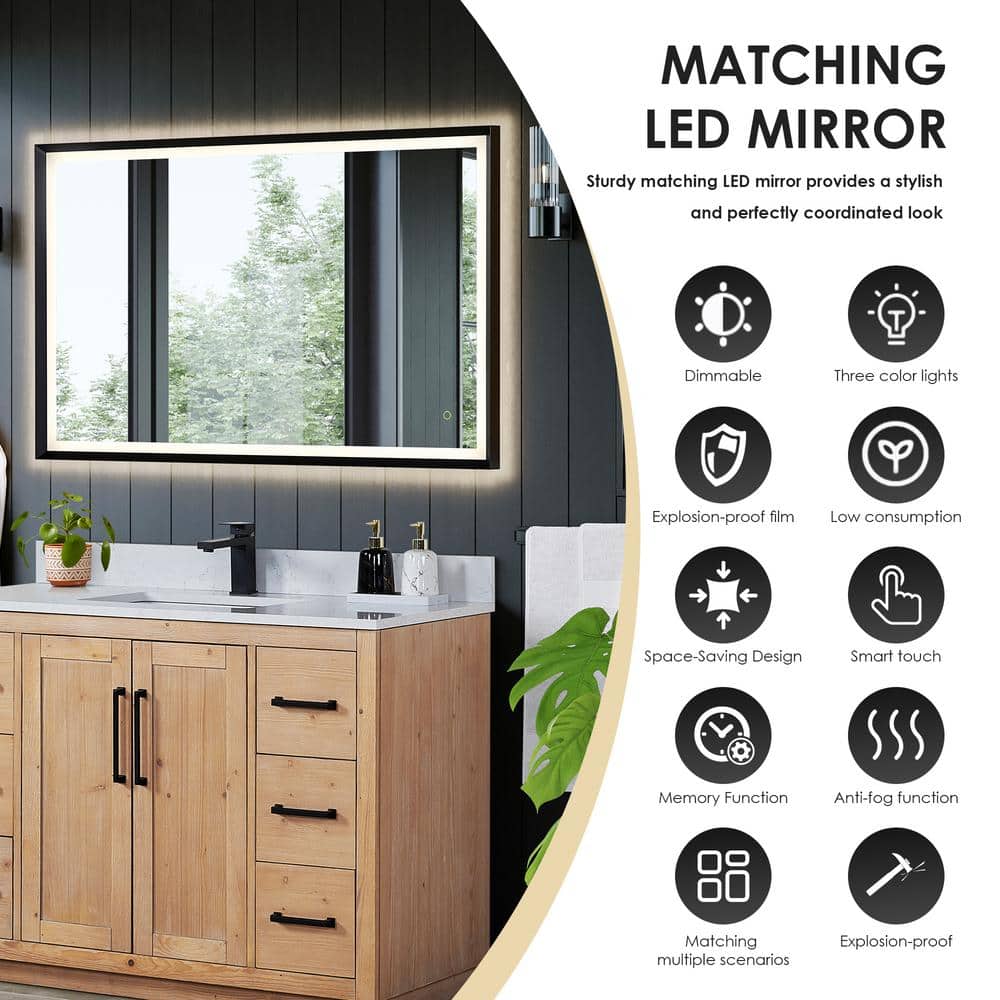 Cicero 48" Light Brown Fir Wood Vanity with White Stone Top and Mirror