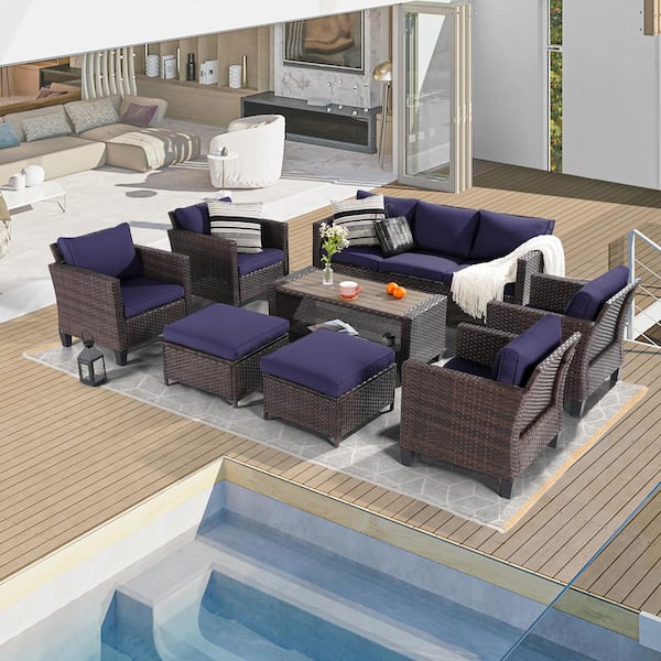 Sonkuki 8-Piece Brown Wicker Patio Sofa Set Outdoor Furniture Set with Ottomans and Coffee Table, Navy Blue