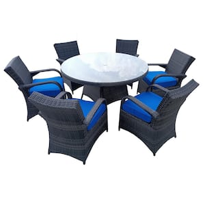 7-Piece Aluminum Frame Wicker Outdoor Dining Set with Blue Cushion and Tempered Glass Top Round Table