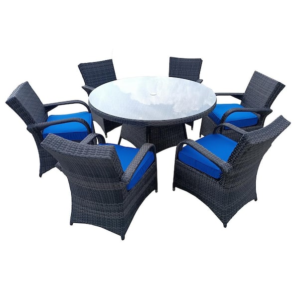 PATIOPTION 7-Piece Aluminum Frame Wicker Outdoor Dining Set with Blue Cushion and Tempered Glass Top Round Table