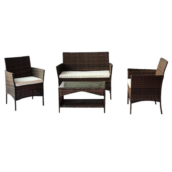Alpulon 4-Piece Wicker Patio Conversation Seating Set with Beige Cushions