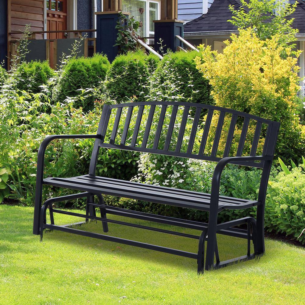 Outdoor Loveseat Glider Bench with Curved Armrests in Powder-Coated Black Steel