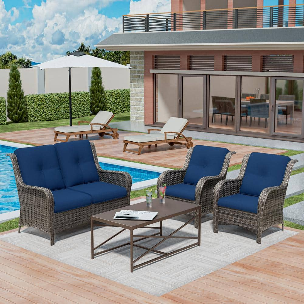 4 Pieces Conversation Patio Set, All-Weather Wicker Patio Furniture Set with Blue Cushions -  MeetLeisure, Y-M08M79M78-BLU