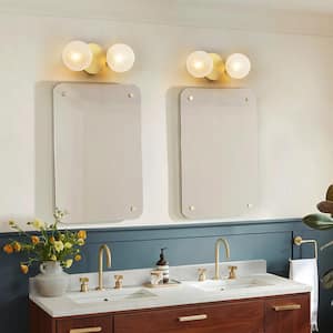 Fiza 12.5 in. 2-Light Brushed Gold Modern Linear Frosted Glass Globe Bubble Bathroom Vanity Light