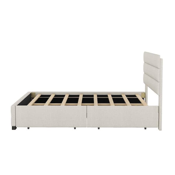 Beige Wood Frame Queen Size Upholstered Platform Bed with Trundle and Two Drawers