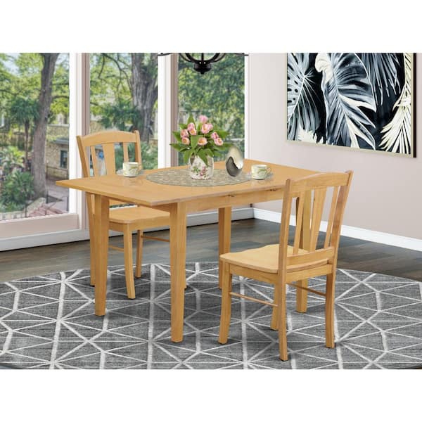 East West Furniture 3-Piece Natural Brown Oak Finish Solid Wood Top Dining Table Set