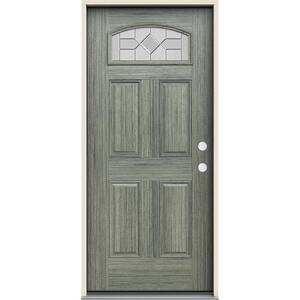 36 in. x 80 in. Left Hand Camber Top Caldwell Decorative Glass Stone Steel Prehung Front Door