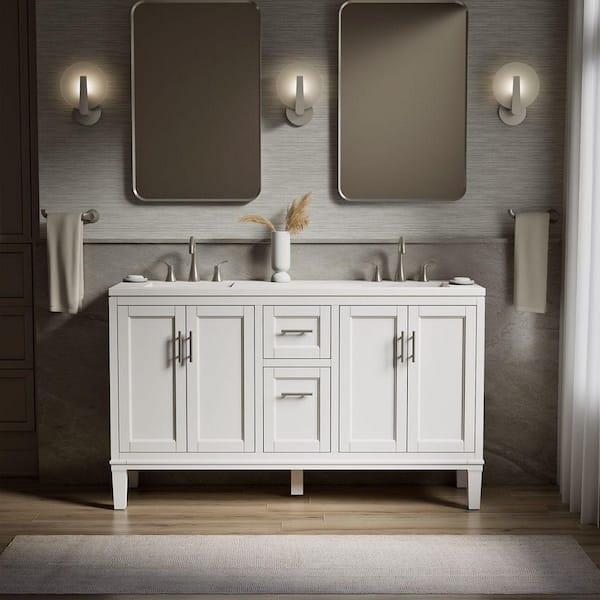 Chesil 60in. Double Sink Freestanding White Bath Vanity with Bianco Bella Quartz Top Assembled