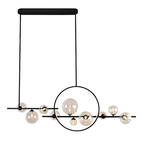 Pia Ricco 56.33 in. Black 10-Light Sputnik Island Linear Pendant Light with Globe Glass Shades