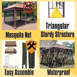 11 ft. x 11 ft. Brown Outdoor 2-Tier Soft Top Pop Up Gazebo Canopy With Removable Zipper Netting（Gazebo）