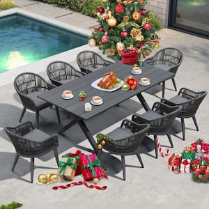 9 Piece Aluminum All-Weather PE Rattan Rectangular Outdoor Dining Set with Cushion, Grey