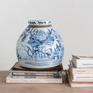 Decorative Stoneware Ginger Jar, Distressed Blue and White