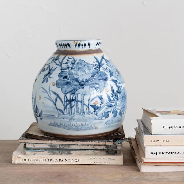 Storied Home Decorative Stoneware Ginger Jar, Distressed Blue and White