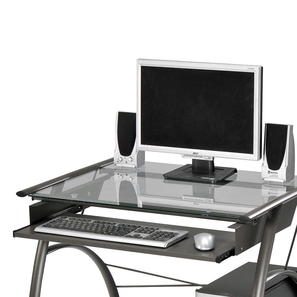 Vincent Pewter Gray Glass Top Computer Cart with Keyboard Tray
