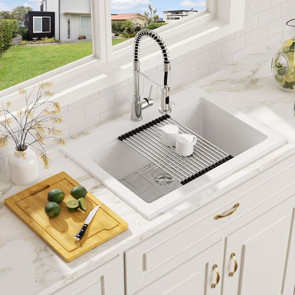 30 in. Drop In Single Bowl White Workstation Quartz Composite Kitchen Sink with Strainer