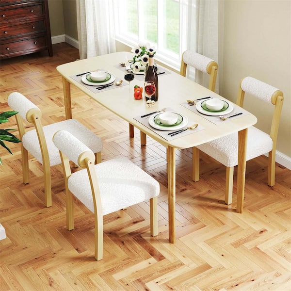 Natural, White Wooden Dining Chair Faux Sherpa Upholstered Kitchen Dining Room Chairs Set of 2
