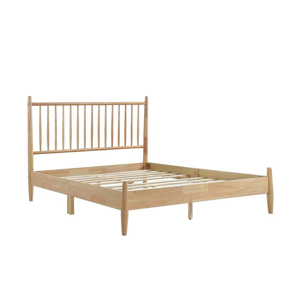 Natural Wood Full Platform Bed with Upholstered Headboard