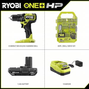 ONE+ HP 18V Brushless Cordless Compact 1/2 in. Hammer Drill Kit with (1) 1.5 Ah Battery, Charger, & 40PC Bit Set