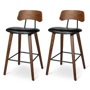 Seat Height 27in. H Mid-Century Modern Black Leatherette Bar Stool with Walnut Bentwood Frame and Backrest（Set of 2）