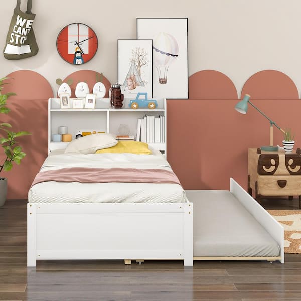 White Platform Bed with Flat Panel Foot Board and Twin Size Trundle Bed Bookcase