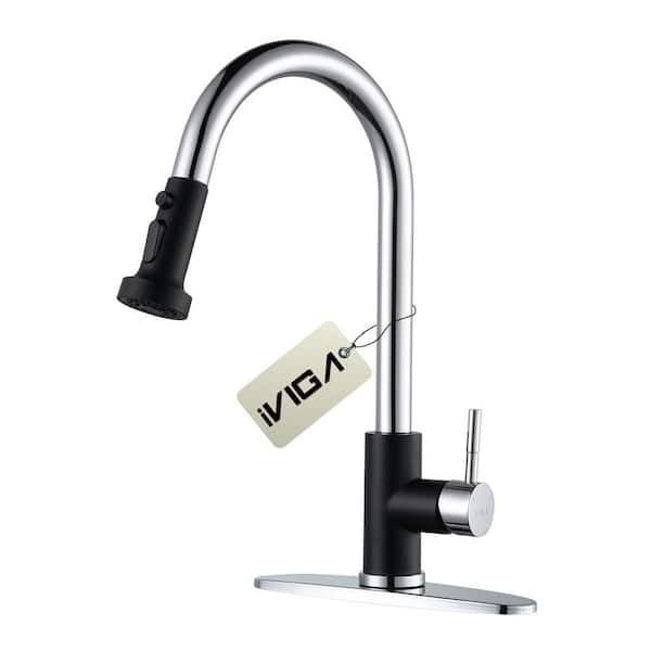IVIGA Single Handle Pull Down Sprayer Kitchen Faucet with 3-Modes Advanced Spray and Deck Plate in Black and Polished Chrome
