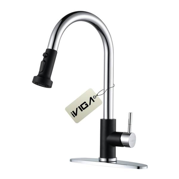 IVIGA Henassor Single Handle Pull-Down Sprayer Kitchen Faucet with Deck Plate in Chrome and Black