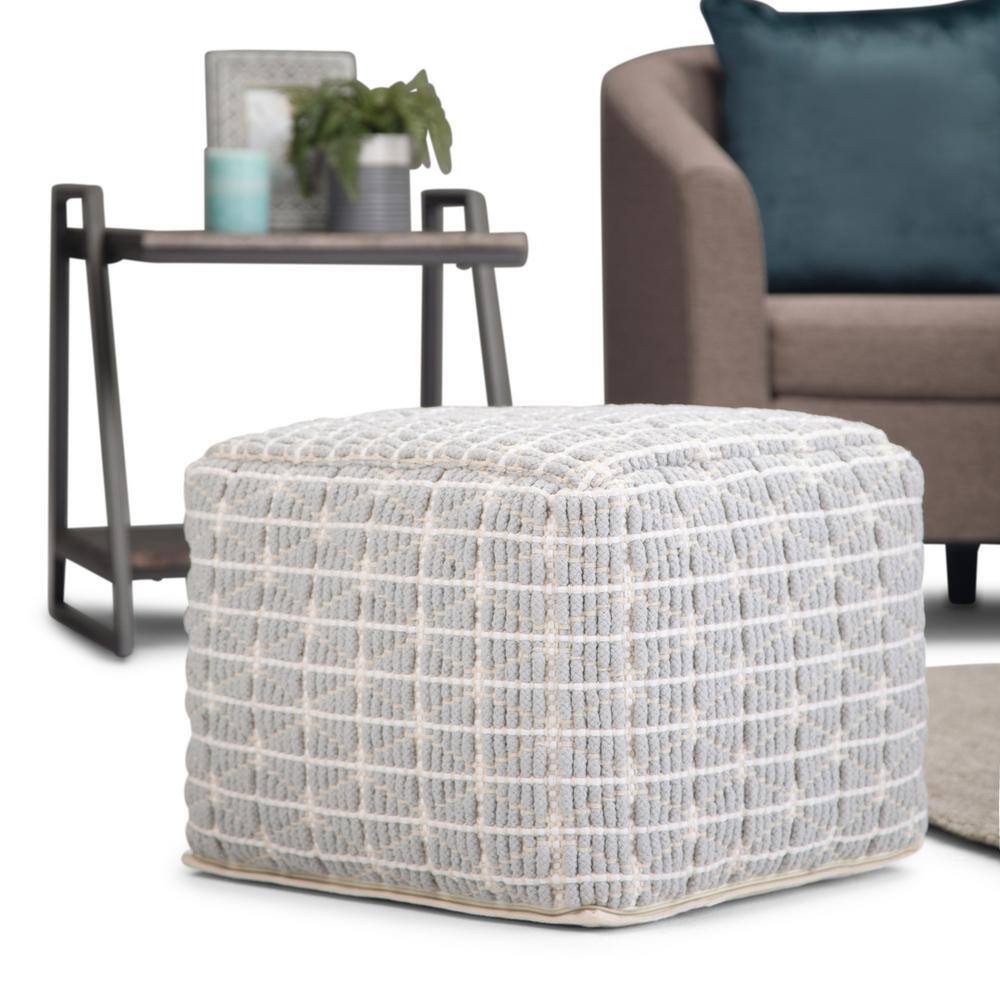 Noreen Light Blue and White Handloom Woven Square Pouf