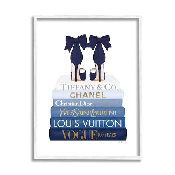 Navy Blue Bow Heels Chic Glam Bookstack By Amanda Greenwood Framed Print Abstract Texturized Art 24 in. x 30 in.