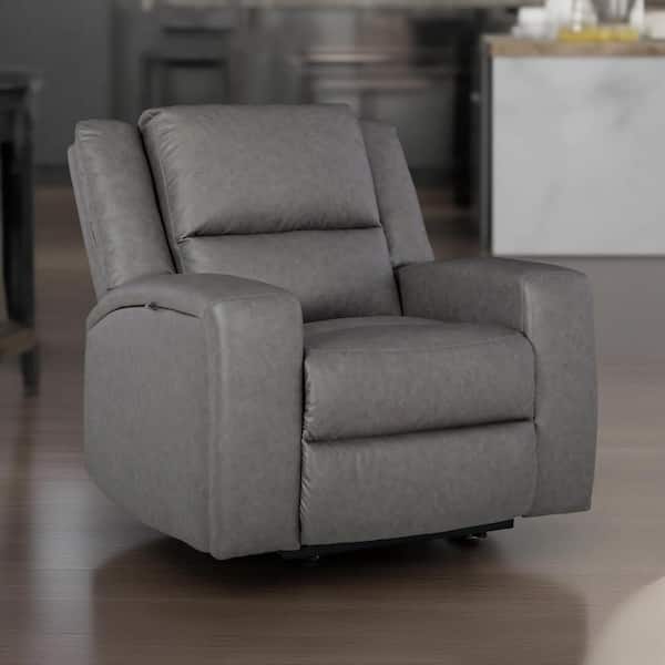 Benjara Vance Gray Faux Leather Glider Recliner Chair with Pillow Top