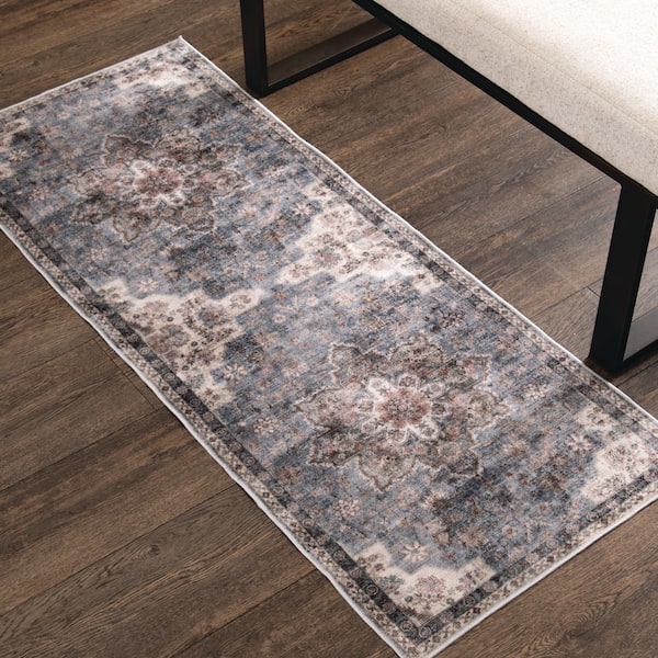 2 ft. x 5 ft. Gray/Multi Antique Medallion Washable Runner