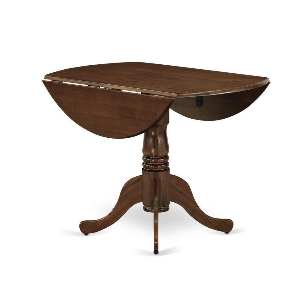 Antique Walnut Round Rubberwood Dining Table with Dropleaf and 2 Navy Blue Faux Leather Chairs