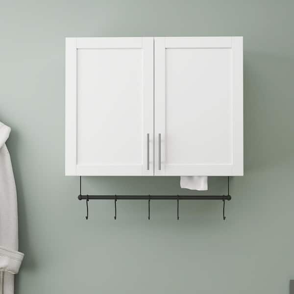 31.5 in. W x 24.5 in. H Rectangular White MDF Surface Mount Medicine Cabinet without Mirror, with Towel Bar, 5 Hooks