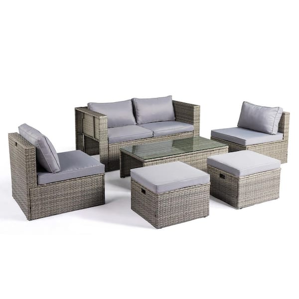 6-Piece Gray Wicker Patio Conversation Set with Gray Cushions