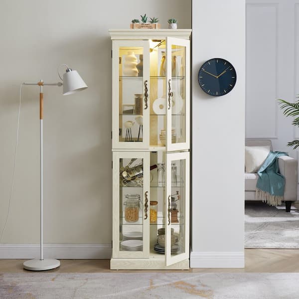 71 in. H White Glass Display Cabinet, Accent Storage Cabinet with LED Lighted Curio w/ Adjustable Shelves and Wood Frame