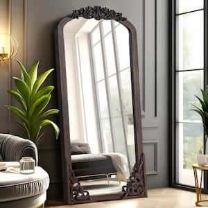 Rustic Arched 21 in. W x 64 in. H Solid Wood Framed DIY Carved Full Length Mirror in Charcoal