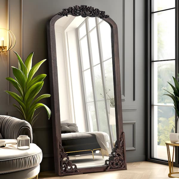 PexFix Rustic Arched 21 in. W x 64 in. H Solid Wood Framed DIY Carved Full Length Mirror in Charcoal