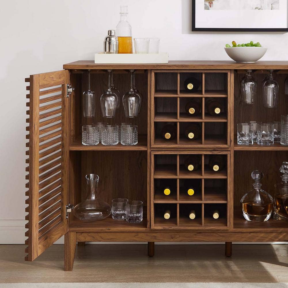 Mid-Century Walnut Grain Laminate Bar Cabinet with Wine Rack