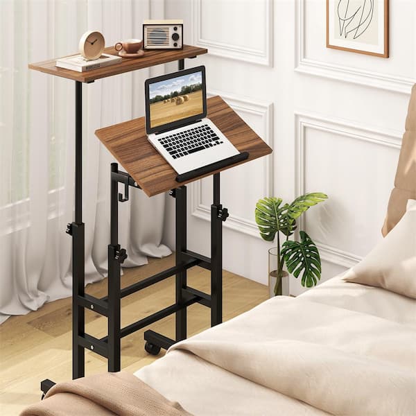 HONEY JOY 24 in. Walnut Metal Rolling Standing Desk Height Adjustable Laptop Cart with Tilting Desktop Hanging Hooks