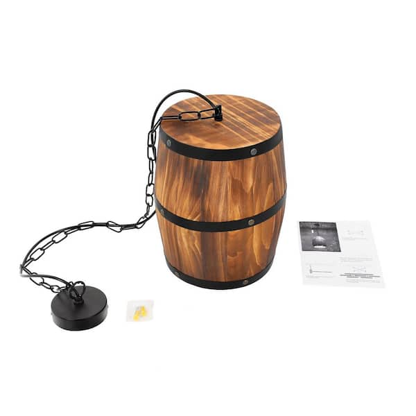 OUKANING 1-Light Brown Retro Cage Wood Barrel Pendant Light with