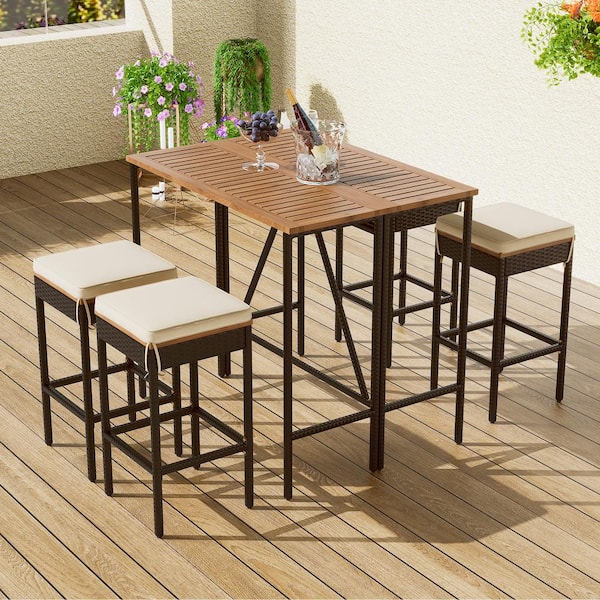 Unbranded 5-Piece Brown PE Rattan Wicker Outdoor Dining Set with Bar Height Foldable Table, 4-Stools with Beige Cushions