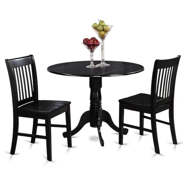 East West Furniture 3-Piece Round Black Finish Solid Wood Top Dining Table with 2 Chairs with Lattice Back