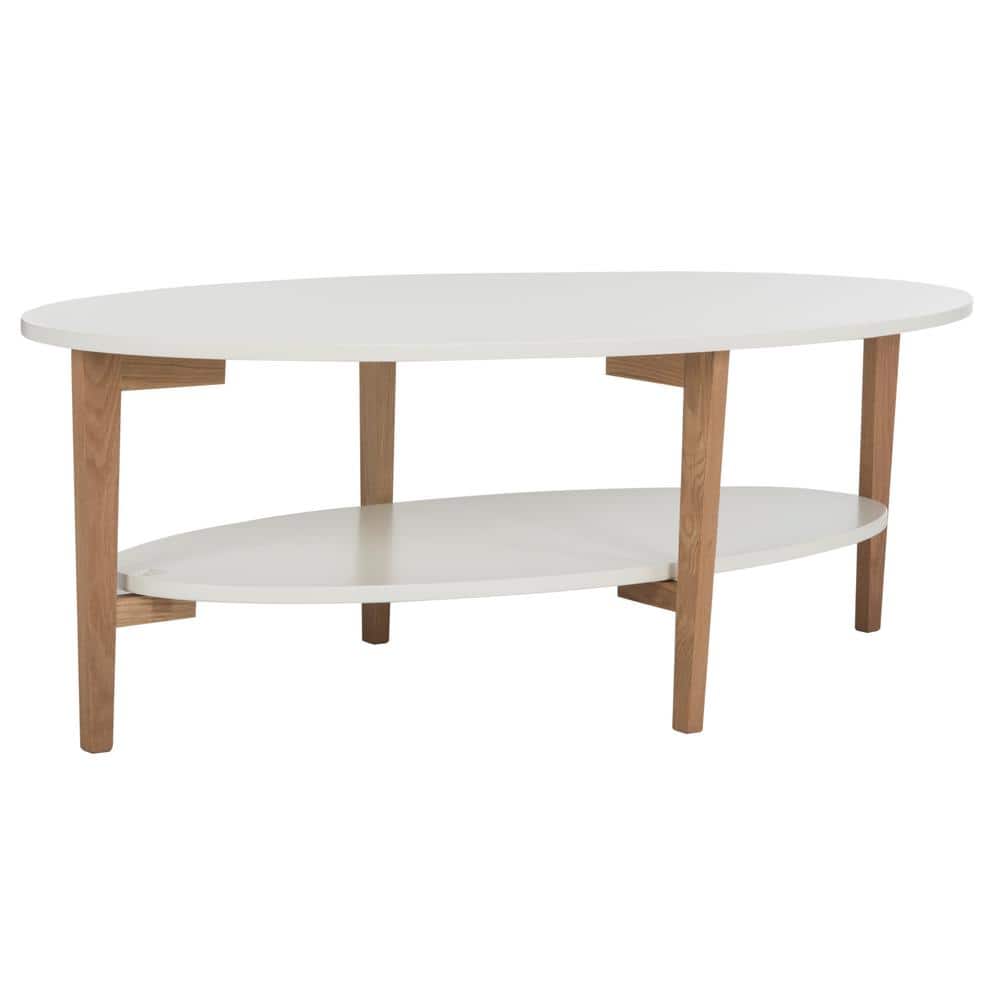 Transitional Dual-Tier Oval Coffee Table in White and Natural Wood
