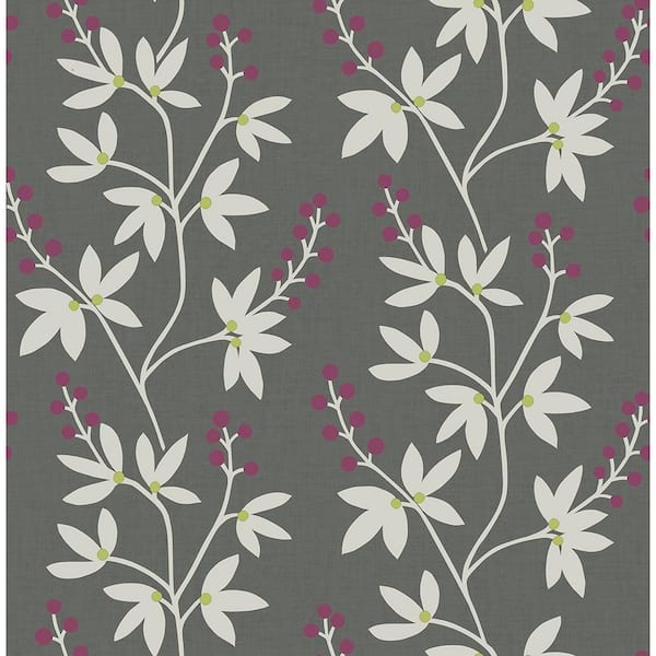 A-Street Prints Linnea Elsa Dark Charcoal Botanical Trail Charcoal Wallpaper Sample