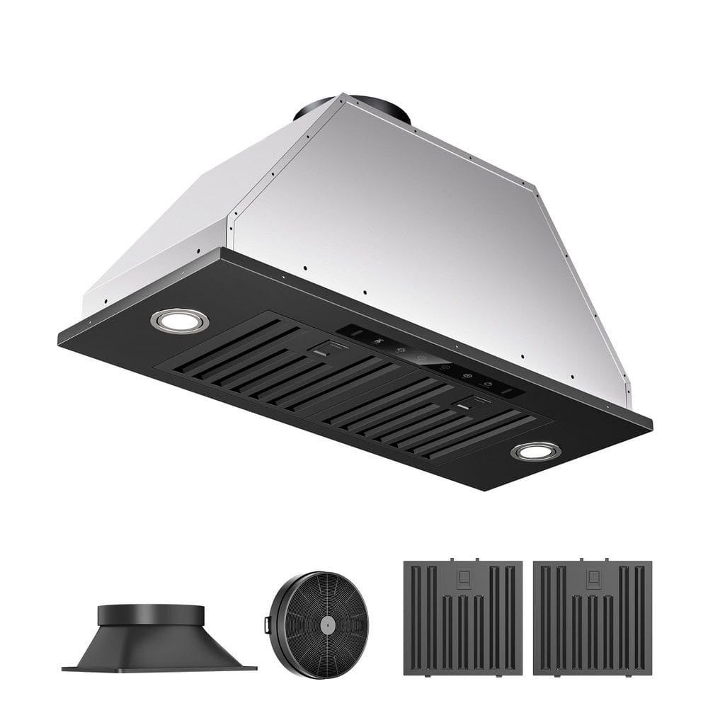 28 in. 900 CFM Ductless Convertible Insert Range Hood in Black Stainless Steel with LED Light Gesture Sensing and Filter