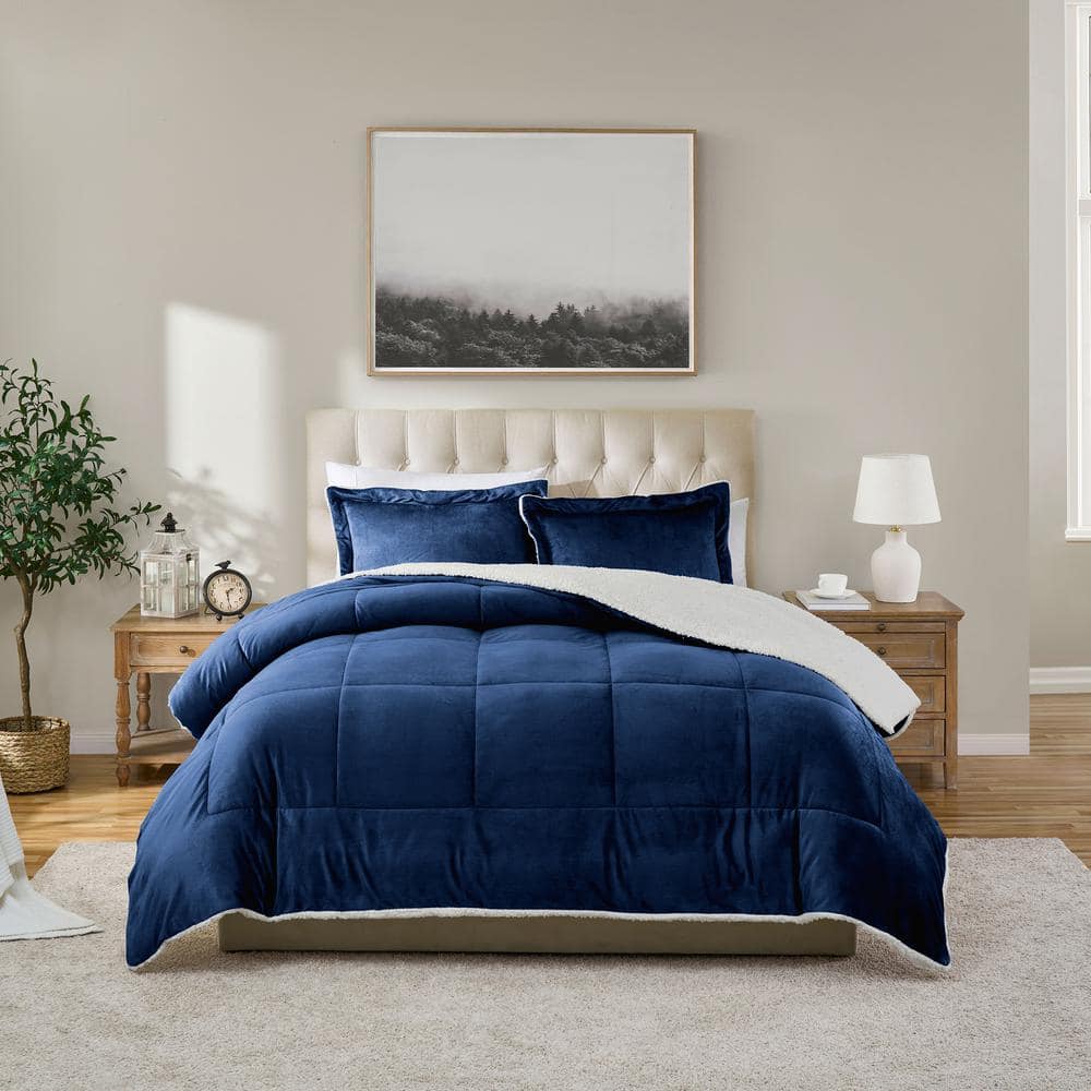 Navy Full Reversible Microfiber and Sherpa Comforter Set