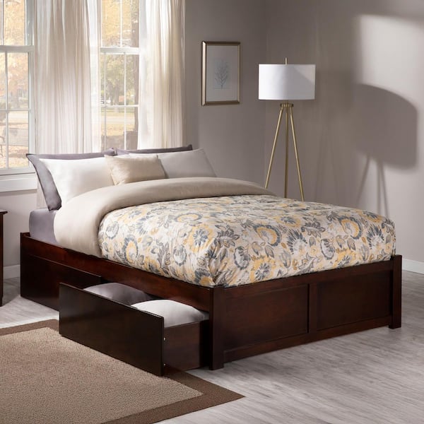 Concord Walnut Queen Platform Bed with Flat Panel Foot Board and 2-Urban Bed Drawers
