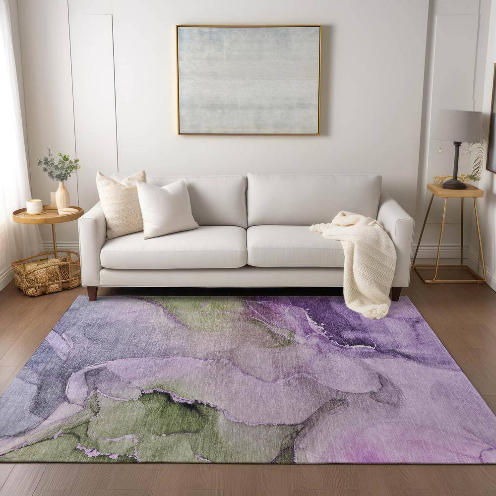 Purple and Green Watercolor Rectangular Synthetic Rug