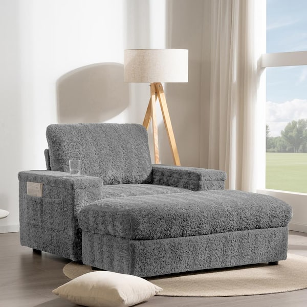 Harper & Bright Designs Gray Oversized Faux Rabbit Fur Chaise