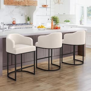Crystal Beige 26 in.Counter Height Fabric Upholstered Bar Stool Kitchen Island Stool With Black Metal Frame Set of 3