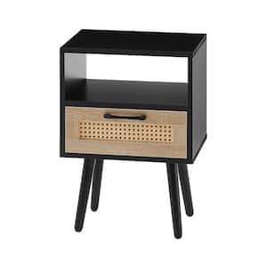 Anky 15.75 in. Black Rectangle MDF Rattan End Table 1-Drawer Modern Nightstand Side Table with Solid Wood Legs